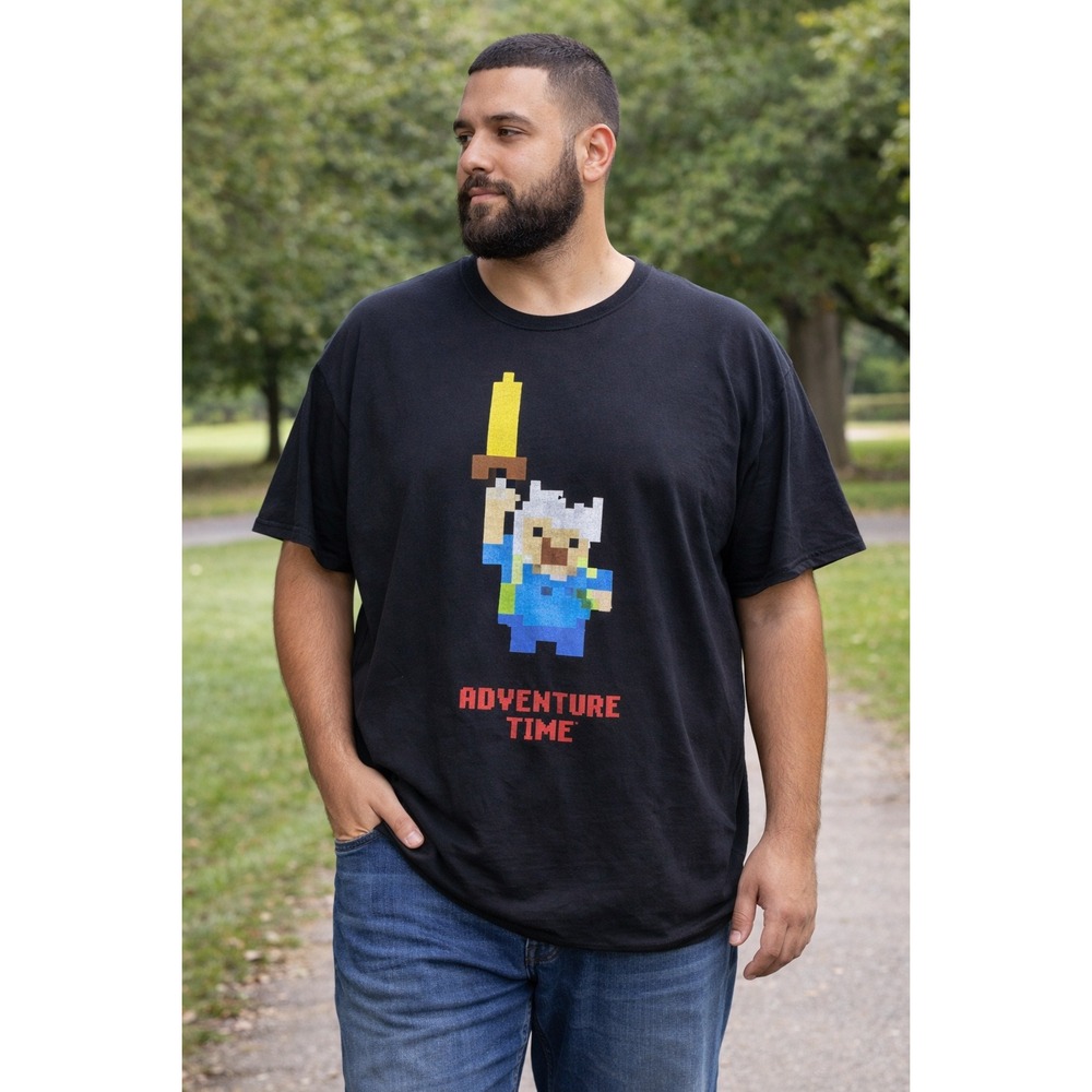 Adventure Time Finn Pixel Graphic T-Shirt Men's Large Black Cartoon Tee